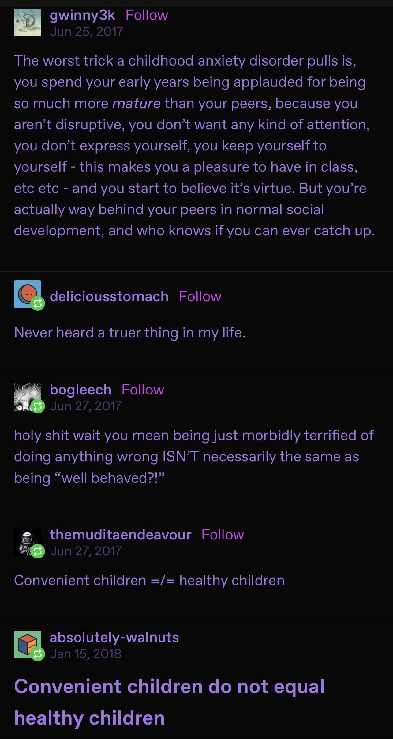 A person complaining about how a child is considered good if it is obedient, but that just means it's absorbing mental disease