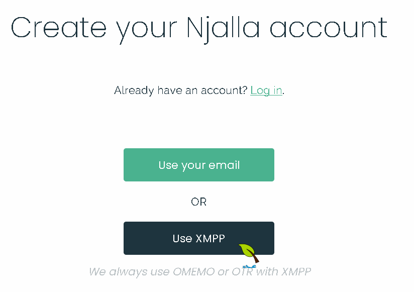 The first registration screen for njalla, with email or XMPP options, with curson on the XMPP option