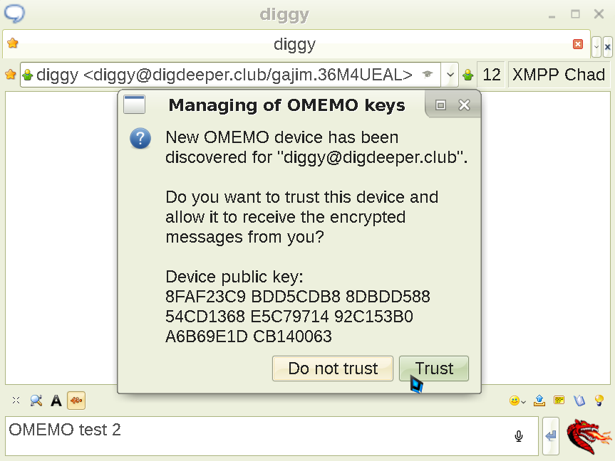 Showing Psi's OMEMO fingerprint verification screen