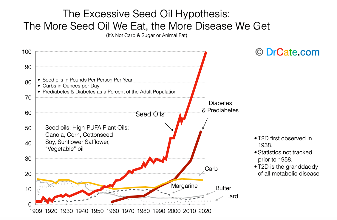 Graph showing an extremely high correlation between seed oil intake and levels of diabetes in the population