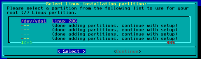 Picking /dev/vda1 on the partition choice screen