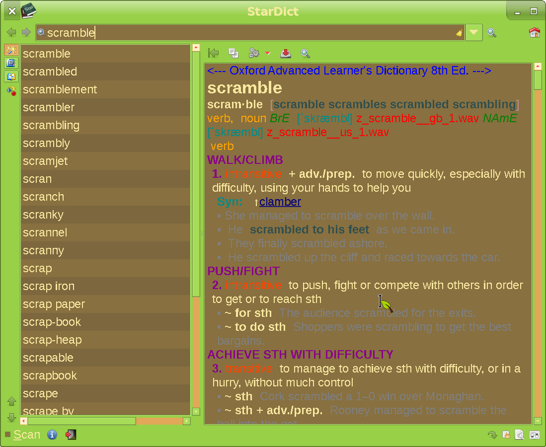 Screenshot of StarDict, showing the search results for query 'scramble'